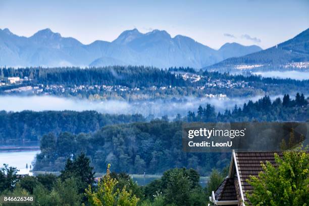 beautiful mountain river scene at sunrise, bc, canada - surrey british columbia stock pictures, royalty-free photos & images