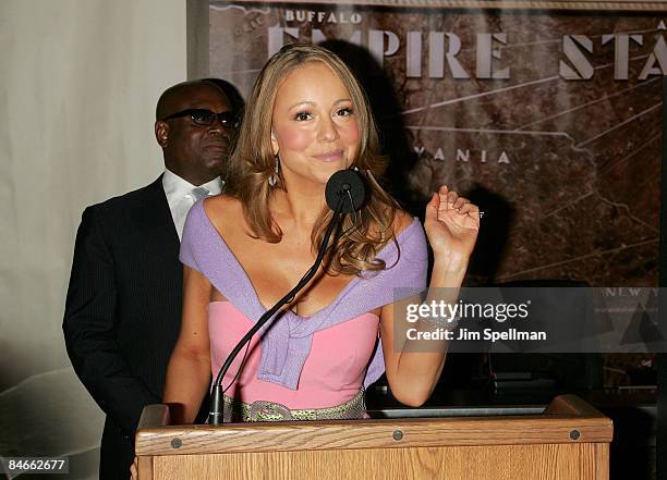 Mariah Carey lights up the Empire State Building to celebrate her new album "E=MC2" on April 25, 2008 in New York City.