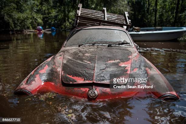 Floodwaters from Hurricane Irma recede September 13, 2017 in Middleburg, Florida. Flooding in town from the Black Creek topped the previous high...