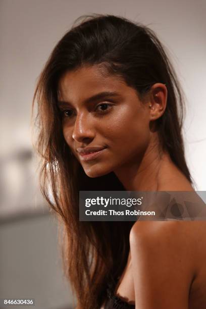 Model poses backstage for the Marcel Ostertag fashion show during New York Fashion Week: The Shows at Gallery 3, Skylight Clarkson Sq on September...