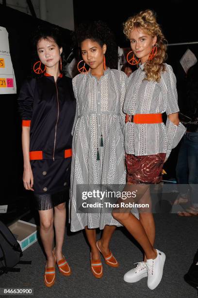 Models pose backstage for the Marcel Ostertag fashion show during New York Fashion Week: The Shows at Gallery 3, Skylight Clarkson Sq on September...