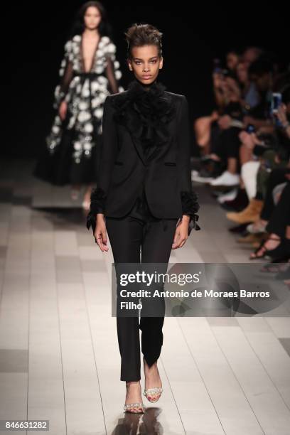 Model walks the runway at Marchesa show during New York Fashion Week at Gallery 1, Skylight Clarkson Sq on September 13, 2017 in New York City.