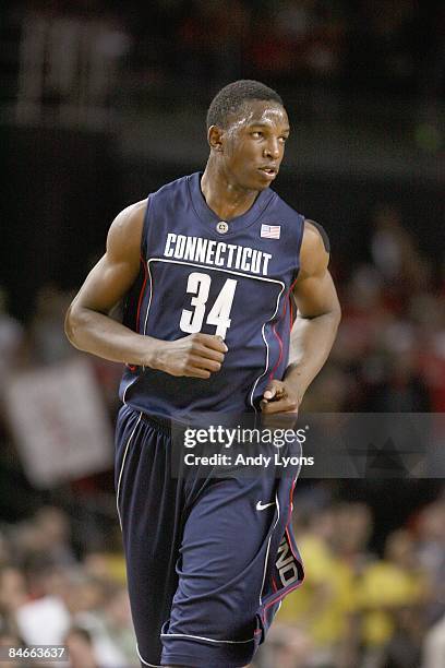 Hasheem Thabeet of the Connecticut Huskies jogs down court during the Big East Conference game against the Louisville Cardinals on February 2, 2009...