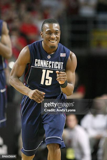 Kemba Walker of the Connecticut Huskies celebrates on court during the Big East Conference game against the Louisville Cardinals on February 2, 2009...