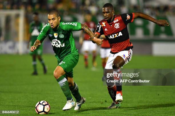 Wellington Paulista of Brazil's Chapecoense vies for the ball with Juan of Brazil's Flamengo during their 2017 Copa Sudamericana football match held...