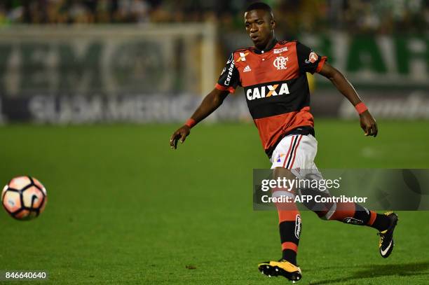 Vinicius Junior of Brazil's Flamengo eyes the ball during their 2017 Copa Sudamericana football match against Brazils Chapecoense held at Arena Conda...