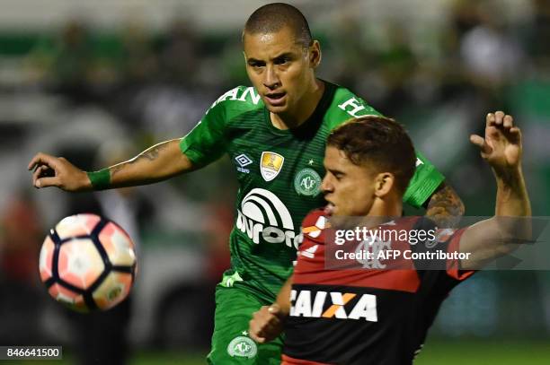 Wellington Paulista of Brazil's Chapecoense vies for the ball with Gustavo Cuellar of Brazil's Flamengo during their 2017 Copa Sudamericana football...