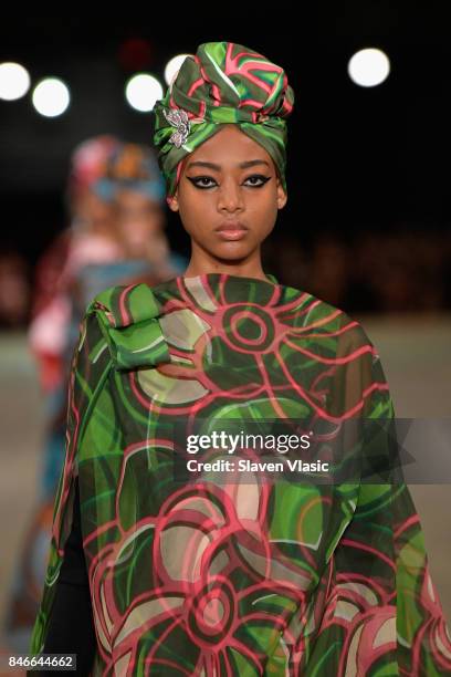 Virginia Santos walks the runway for Marc Jacobs SS18 fashion show during New York Fashion Week at Park Avenue Armory on September 13, 2017 in New...