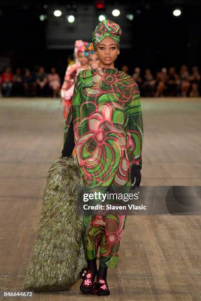 Virginia Santos walks the runway for Marc Jacobs SS18 fashion show during New York Fashion Week at Park Avenue Armory on September 13, 2017 in New...