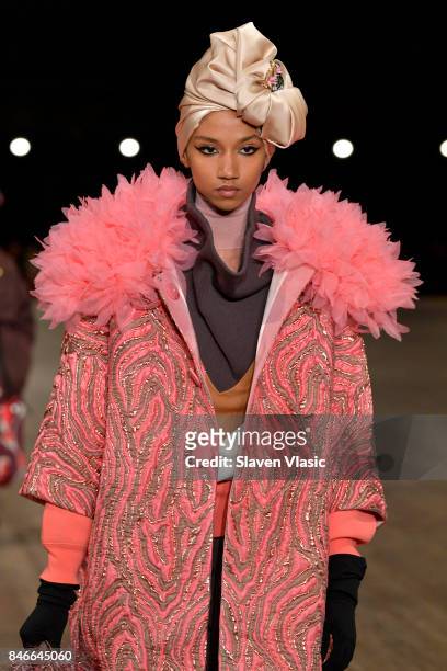 Model walks the runway for Marc Jacobs SS18 fashion show during New York Fashion Week at Park Avenue Armory on September 13, 2017 in New York City.