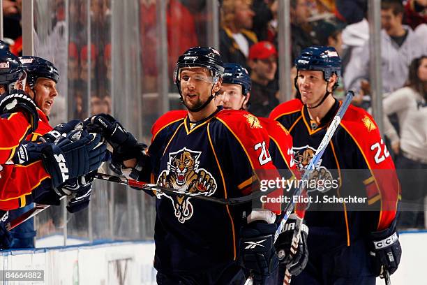 Richard Zednik of the Florida Panthers celebrates his goal against the New York Islanders at the Bank Atlantic Center on February 5, 2009 in Sunrise,...