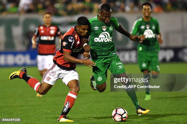 Orlando Berrio of Brazil's Flamengo vies for the ball with Moises Ribeiro of Brazils Chapecoense during their 2017 Copa Sudamericana football match...