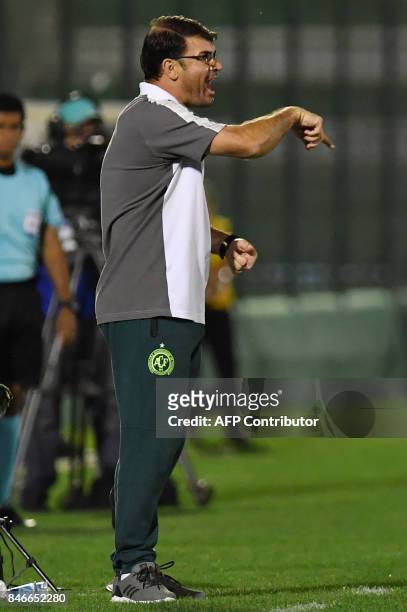 Brazil's Chapecoense team coach Emerson Cris gestures during the 2017 Copa Sudamericana football match against Brazil's Flamengo held at Arena Conda...