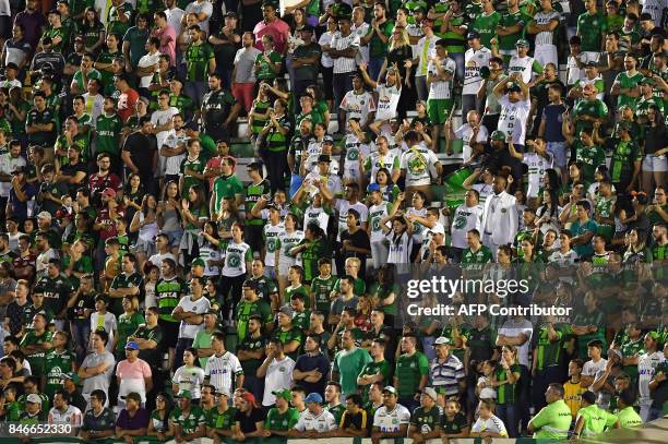 Supporters of Brazil's Chapecoense cheer their team during the 2017 Copa Sudamericana football match against Brazil's Flamengo held at Arena Conda...