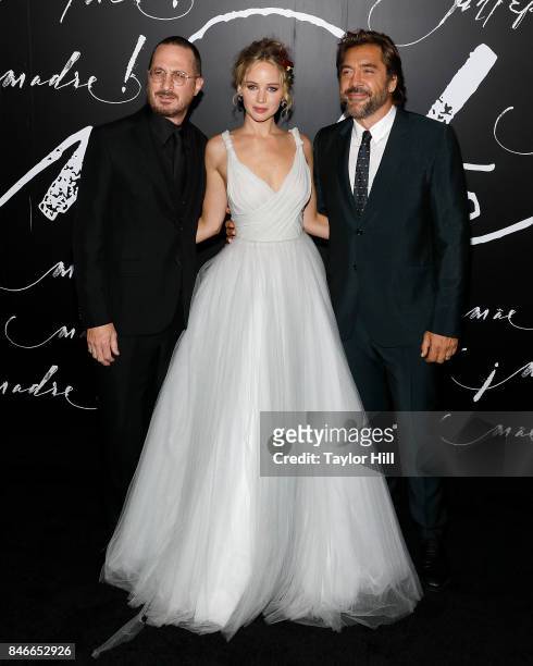 Director Darren Aronofsky, actress Jennifer Lawrence, and actor Javier Bardem attend the premiere of "mother!" at Radio City Music Hall on September...