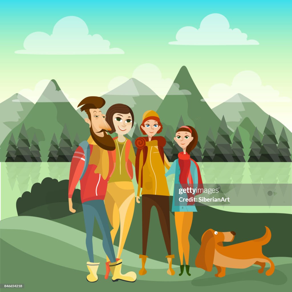 Family Hiking In Mountains Concept Vector Poster In Flat Style Cartoon  People Characters Family Outdoor Activity High-Res Vector Graphic - Getty  Images