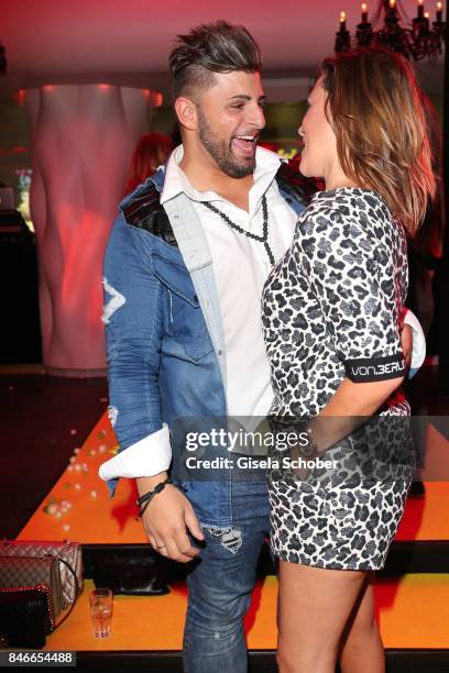 Singer Severino Seeger, winner of DSDS 2015, and Simone Ballack during the 3rd Pixx Lounge Party at H'ugo's on September 13, 2017 in Munich, Germany.