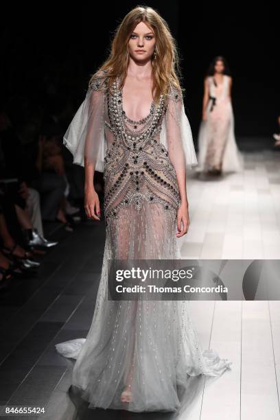 Model walks the runway wearing Marchesa Spring 2018 during New York Fashion Week on September 13, 2017 in New York City.