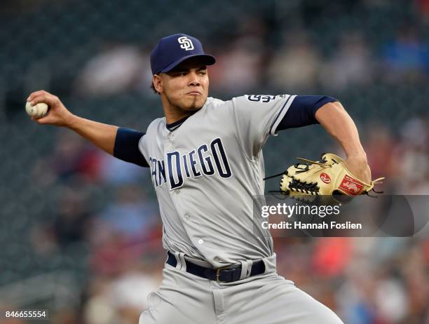 Dinelson Lamet of the San Diego Padres delivers a pitch against the Minnesota Twins during the first inning of the game on September 13, 2017 at...