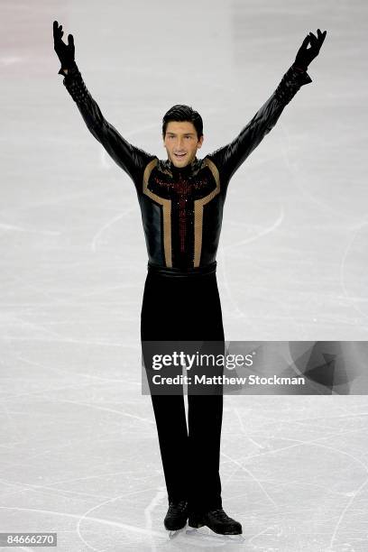 Evan Lysacek of the United States finishes his routine in the Short Program during the ISU Four Continents Figure Skating Championships at Pacific...