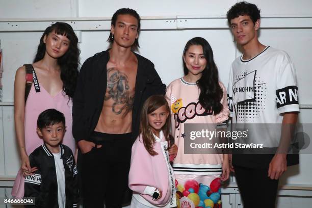 Models pose backstage for the Jia Liu fashion show during New York Fashion Week: The Shows at Gallery 2, Skylight Clarkson Sq on September 13, 2017...