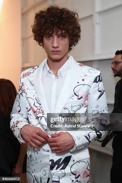 Model prepares backstage for the Jia Liu fashion show during New York Fashion Week: The Shows at Gallery 2, Skylight Clarkson Sq on September 13,...