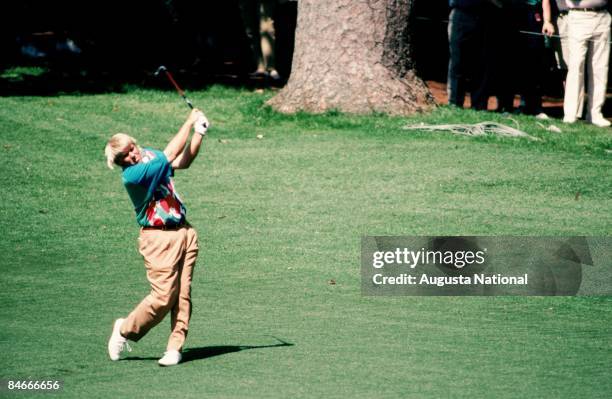 John Daly blasts off the fairway during the 1993 Masters Tournament at Augusta National Golf Club on April 1993 in Augusta, Georgia.