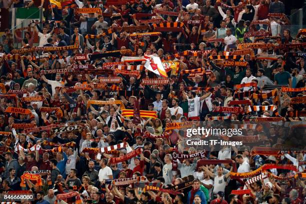 Fans of Roma are seen during the UEFA Champions League group C match between AS Roma and Atletico Madrid at Stadio Olimpico on September 12, 2017 in...