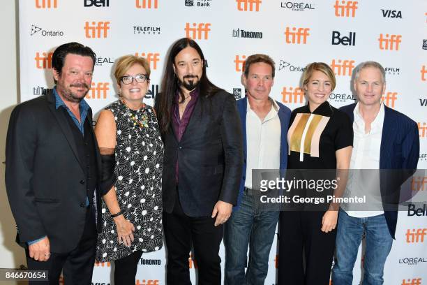 Paul Langlois, Eleanor McMahon, Rob Baker, Gord Sinclair, Melanie Joly and Johnny Fay of The Tragically Hip attend the "Long Time Running" premiere...