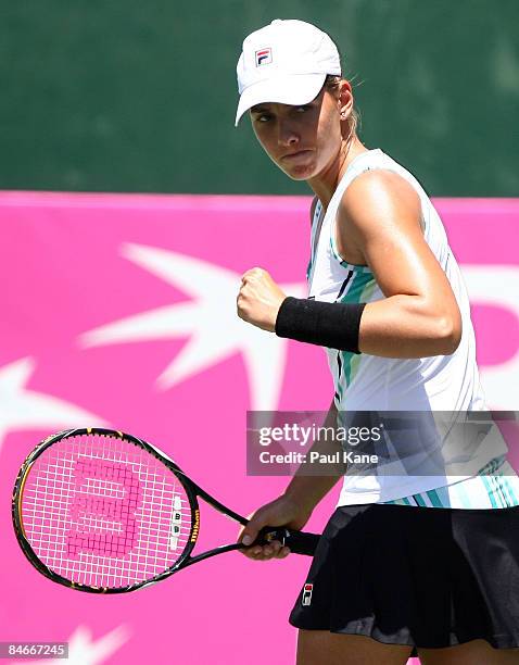 Marina Erakovic of New Zealand celebrates winning a point against Sandy Gumulya of Indonesia during day three of the Fed Cup Asia/Oceania Zone Group...