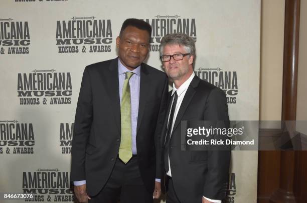 Robert Cray and Americana Music Association Executive Director Jed Hilly backstage at the 2017 Americana Music Association Honors & Awards on...
