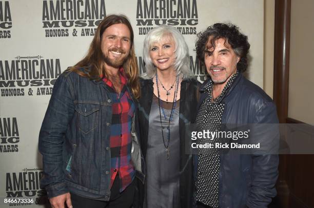 Lucas Nelson, Emmylou Harris and John Oats of Hall and Oates attend the 2017 Americana Music Association Honors & Awards on September 13, 2017 in...