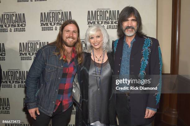 Lucas Nelson, Emmylou Harris and Larry Campbell attend the 2017 Americana Music Association Honors & Awards on September 13, 2017 in Nashville,...