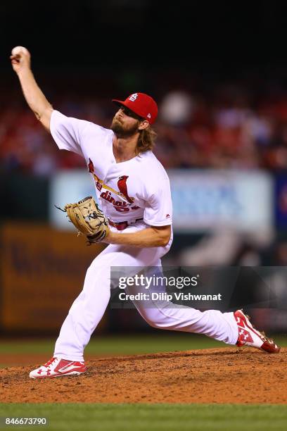 John Gant of the St. Louis Cardinals pitches against the Cincinnati Reds in the sixth inning at Busch Stadium on September 13, 2017 in St. Louis,...