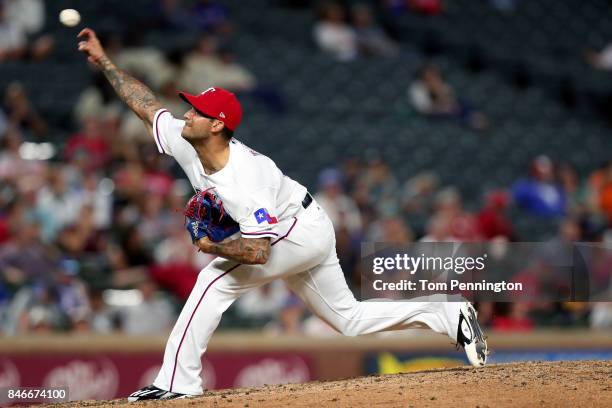 Matt Bush of the Texas Rangers pitches against the Seattle Mariners in the top of the seventh inning at Globe Life Park in Arlington on September 13,...