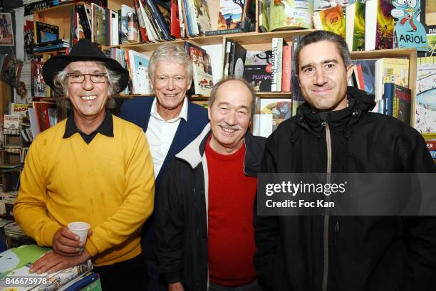 Jean Guy Fechner, Richard Bonnot, Jean Sarrus from Les Charlots band and director Francois Ruffin attend Schnock 21 Magazine Launch at Philippe Le...