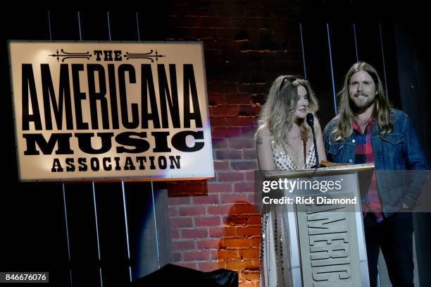 Elizabeth Cook and Lukas Nelson speak onstage during the 2017 Americana Music Association Honors & Awards on September 13, 2017 in Nashville,...