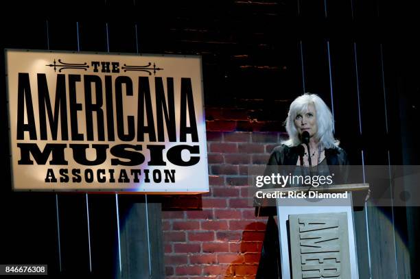 Emmylou Harris speaks onstage during the 2017 Americana Music Association Honors & Awards on September 13, 2017 in Nashville, Tennessee.