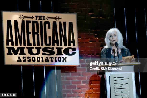 Emmylou Harris speaks onstage during the 2017 Americana Music Association Honors & Awards on September 13, 2017 in Nashville, Tennessee.