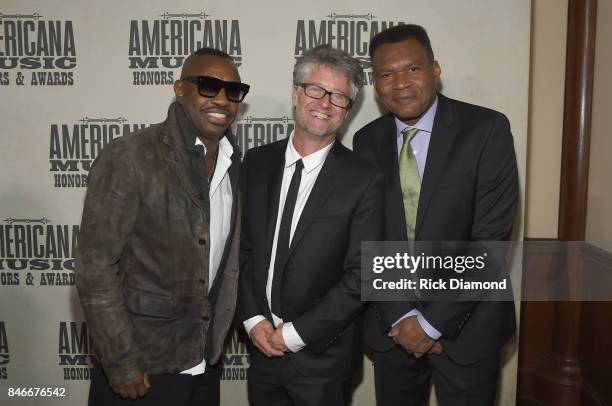 Steve Jordan, Americana Music Association Executive Director Jed Hilly and Robert Cray attend the 2017 Americana Music Association Honors & Awards on...
