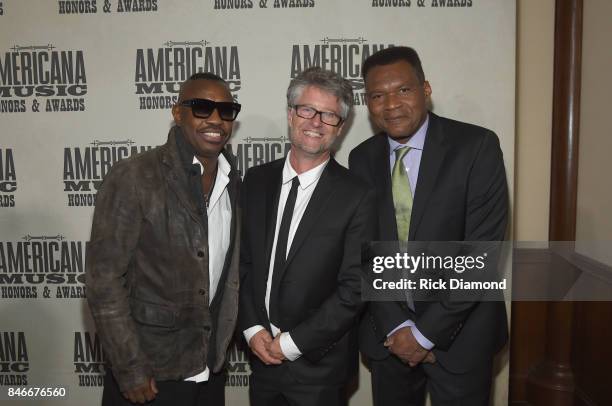 Steve Jordan, Americana Music Association Executive Director Jed Hilly and Robert Cray attend the 2017 Americana Music Association Honors & Awards on...