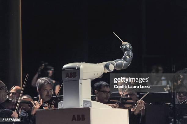 Robotic Orchestra conductor Yumi performs on stage with the Orchestra Filarmonica di Lucca and tenor Andrea Bocelli at Teatro Verdi on September 12,...