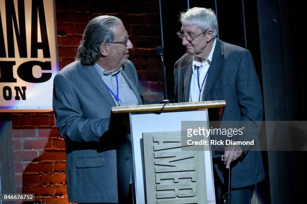 Bruce Bromberg and Larry Sloven speak onstage during the 2017 Americana Music Association Honors & Awards on September 13, 2017 in Nashville,...