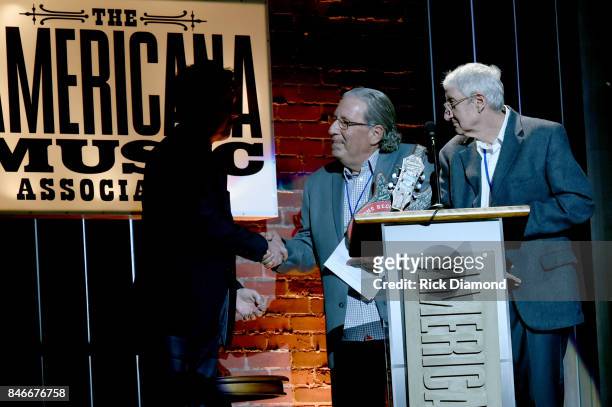 Bruce Bromberg and Larry Sloven speak onstage during the 2017 Americana Music Association Honors & Awards on September 13, 2017 in Nashville,...