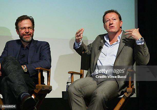 Writers Tom McCarthy and Simon Beaufoy attend "Beyond Words" a panel discussion with Oscar nominated screenwriters at the Writers Guild Theater on...