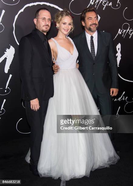 Filmmaker Darren Aronofsky, actress Jennifer Lawrence and actor Javier Bardem attend 'mother!' New York Premiere at Radio City Music Hall on...