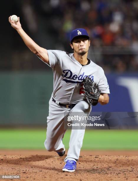 Yu Darvish of the Los Angeles Dodgers pitches against the San Francisco Giants at AT&amp;T Park in San Francisco on Sept. 13, 2017. ==Kyodo