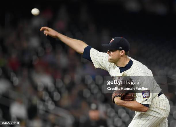 Matt Belisle of the Minnesota Twins delivers a pitch against the San Diego Padres during the ninth inning of the game on September 13, 2017 at Target...