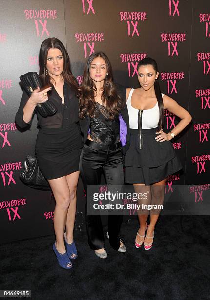 Personality Khole Kardashian , actress Caroline D'Amore and Kim Kardashian arrive at the "Belvedere IX" Launch at MyHouse on February 5, 2009 in...