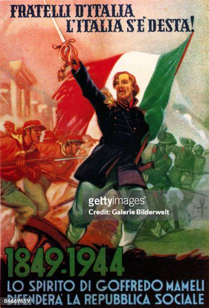 The ghost of Italian patriot Goffredo Mameli leads Italian troops into battle during World War II, 1944. The caption reads 'Fratelli d'Italia,...